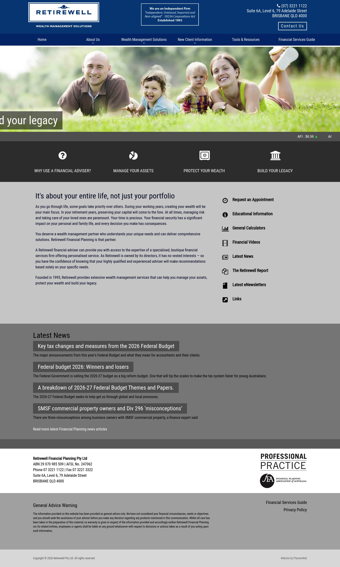 Retirewell Financial Planning homepage screenshot