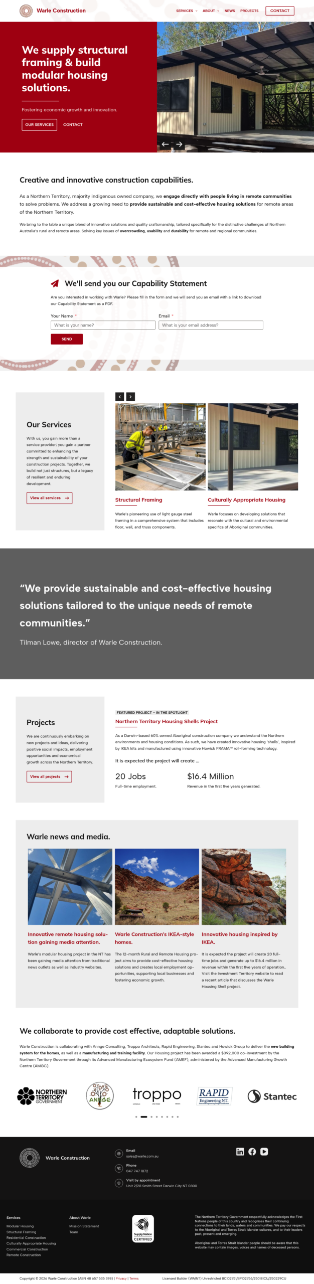 Warle Construction homepage screenshot