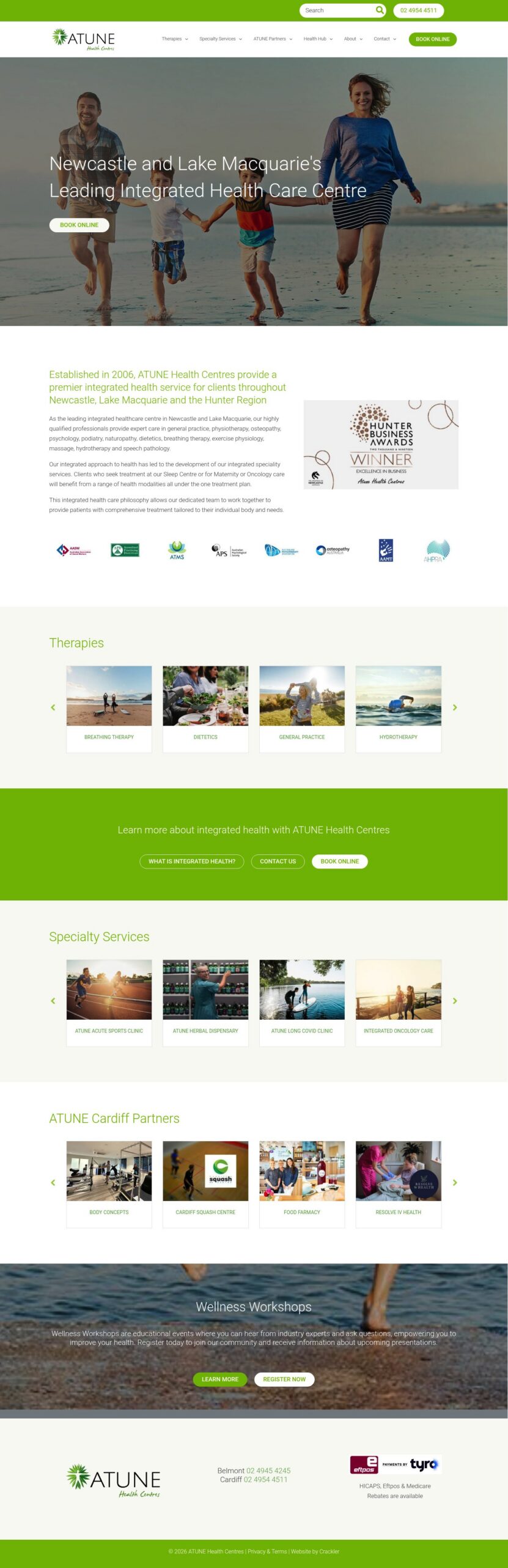 ATUNE Health Centres homepage screenshot