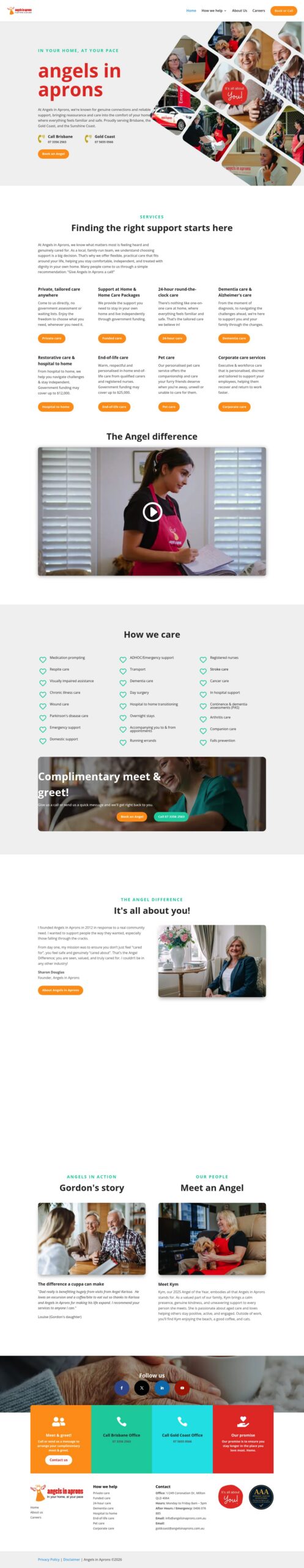 Angels in Aprons (in home care) homepage screenshot