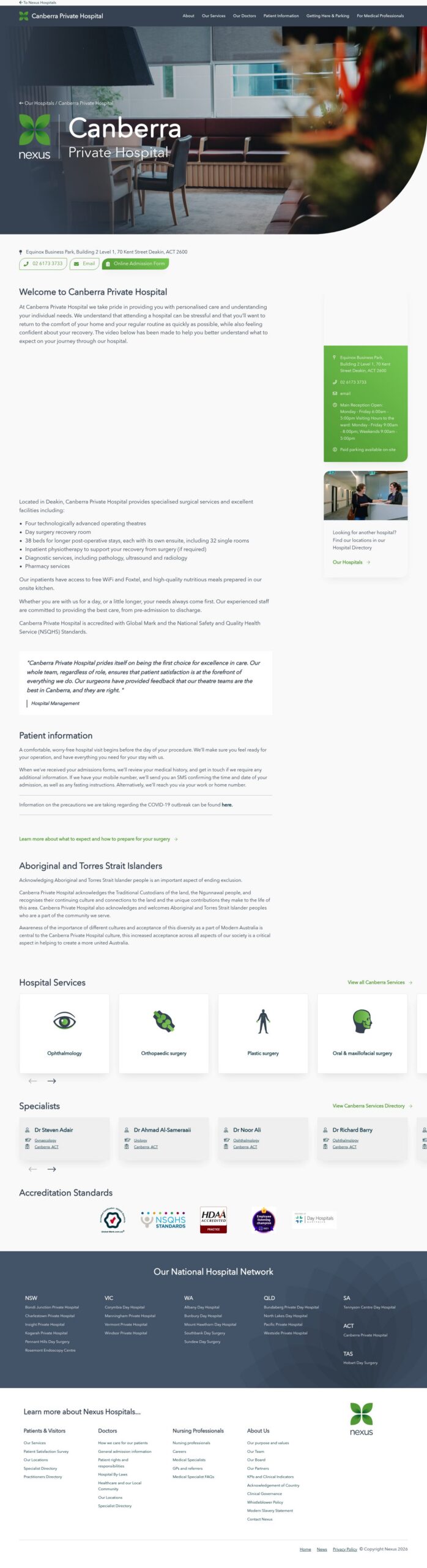 Canberra Private Hospital homepage screenshot