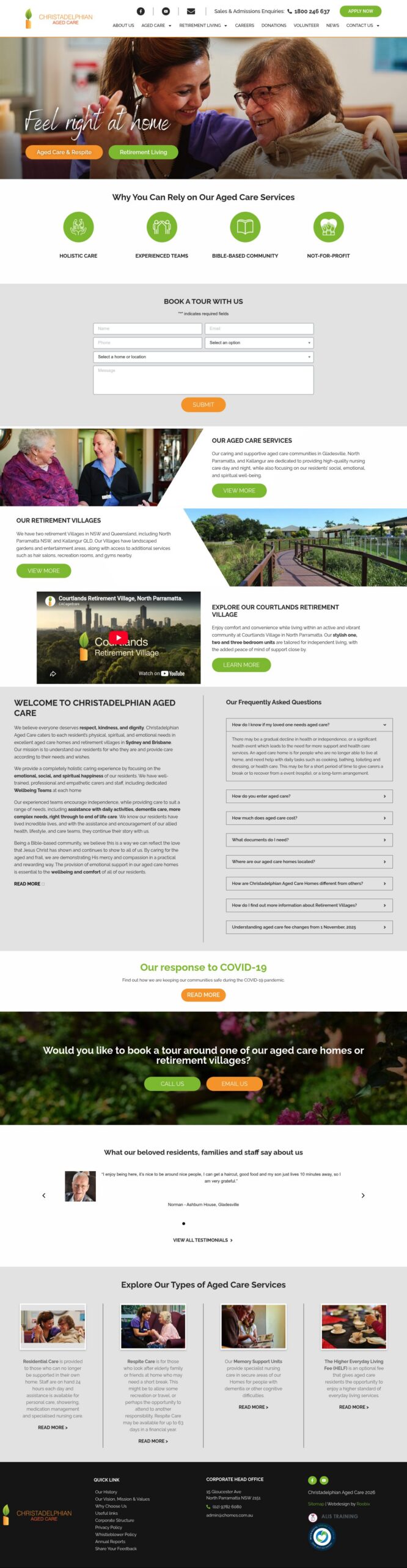 Christadelphian Aged Care homepage screenshot
