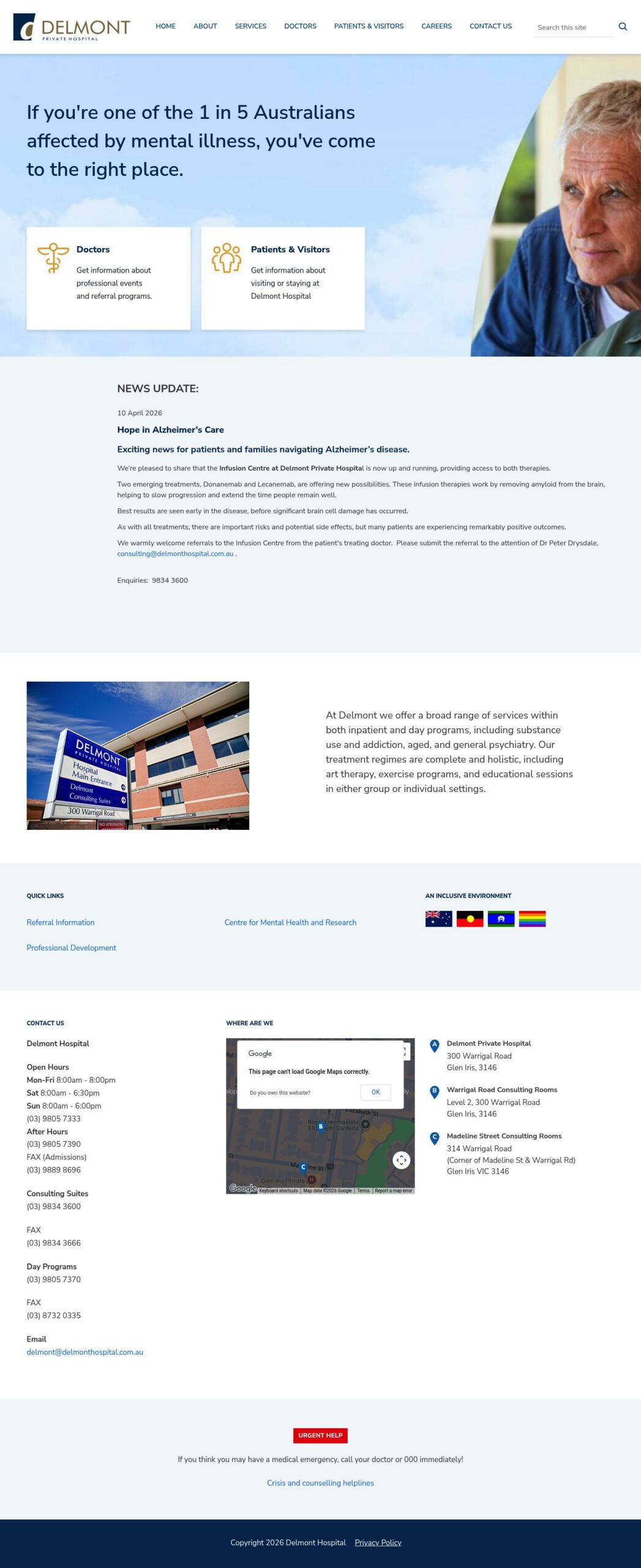 Delmont Private Hospital homepage screenshot
