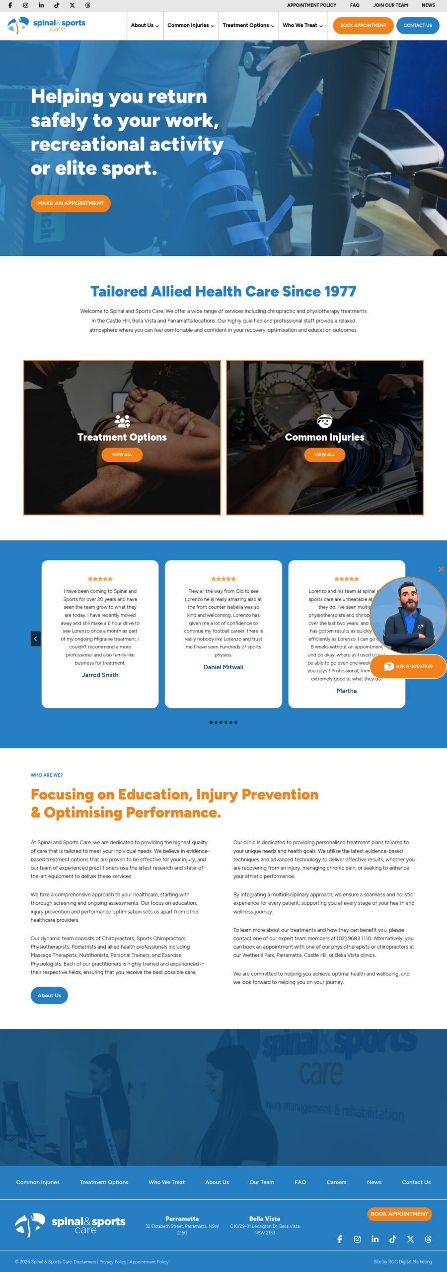 Spinal and Sports Care homepage screenshot
