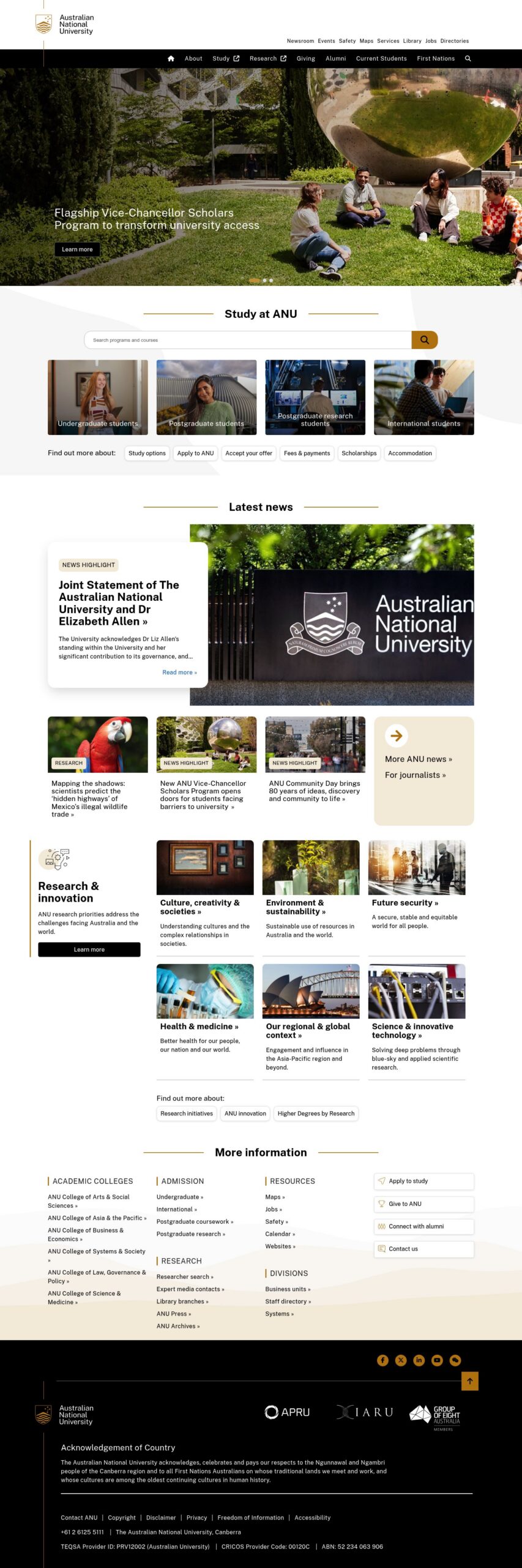 The Australian National University homepage screenshot