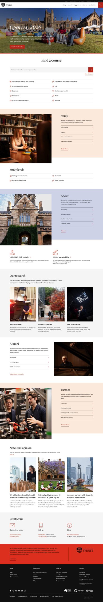 University of Sydney homepage screenshot