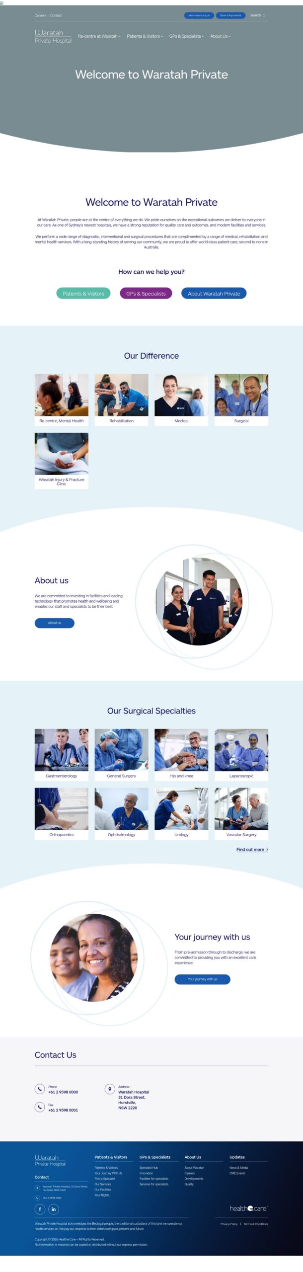 Waratah Private Hospital homepage screenshot