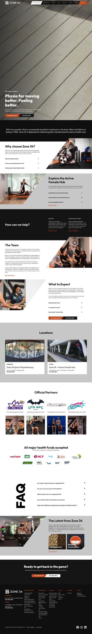 Zone 34 Sports Physiotherapy homepage screenshot