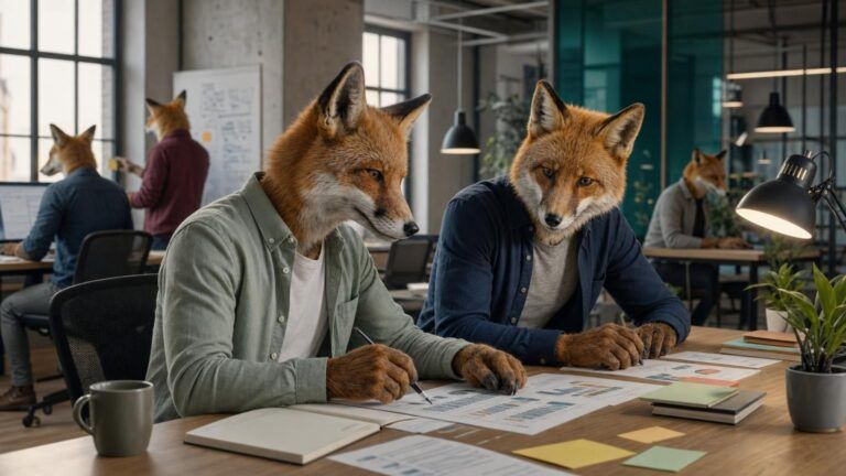 B2b demand generation strategy: Two fox colleagues at a shared desk reviewing printed charts in an open-plan office