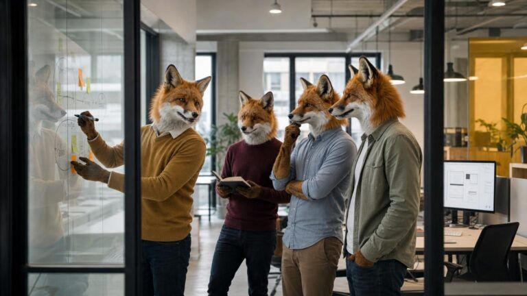Business growth framework: Four fox colleagues at a glass wall in an office, one drawing a diagram while the others watch