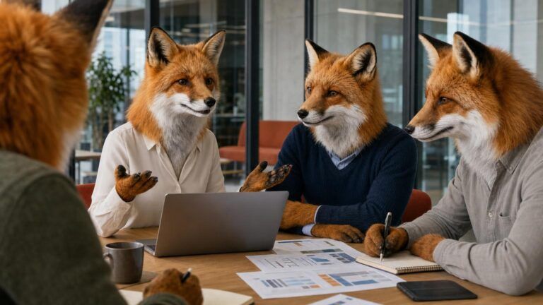 Content marketing and lead generation: Four fox colleagues in office clothing discuss printed charts and a laptop around