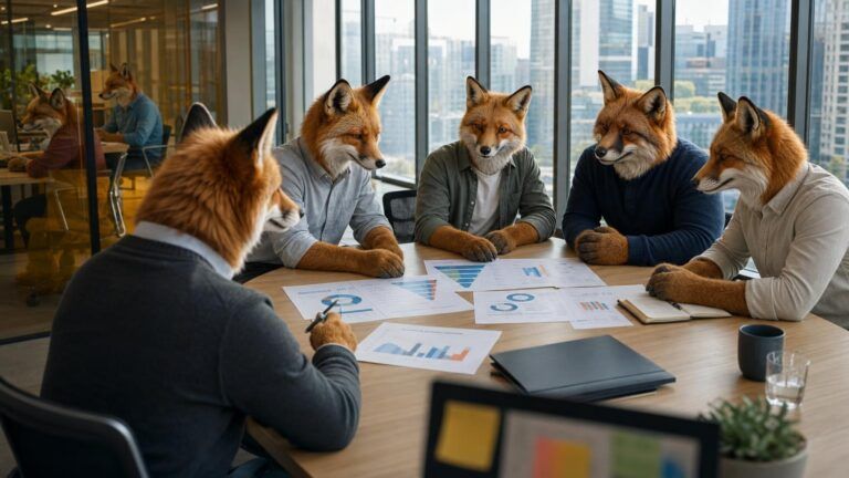 Conversion funnel optimisation: Five fox colleagues seated around a boardroom table reviewing printed charts beside