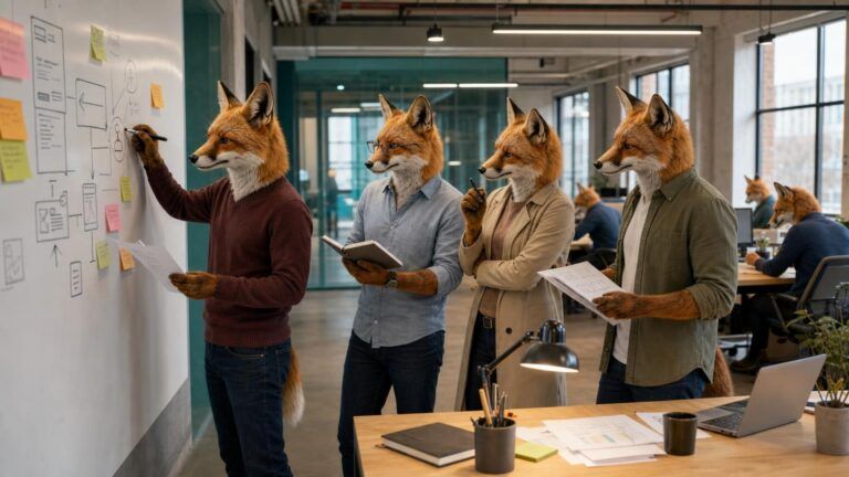 Conversion optimisation strategy: Four people with fox heads stand at a whiteboard covered in diagrams and sticky notes in