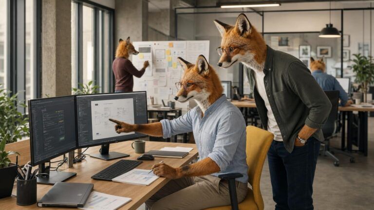 CRM automation strategy: A seated fox points at a diagram on a monitor while a standing fox colleague leans in to look