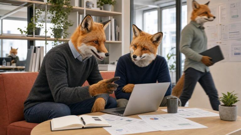 Custom WordPress website design for small business: Two fox colleagues sit on a red sofa discussing a laptop screen
