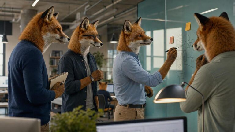 Demand generation content strategy: Four fox colleagues gather at a glass whiteboard as one sketches a flow diagram