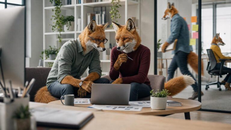 Demand generation marketing strategies: Two fox colleagues sit on a sofa reviewing a laptop and printed charts on a low
