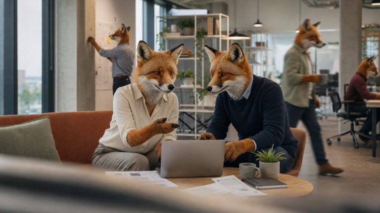 Digital decision making: Two fox colleagues sit on an orange couch discussing work on a laptop in an open-plan office