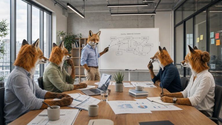 Digital marketing ecosystem: A fox strategist points to a whiteboard diagram while five fox colleagues watch from a meeting