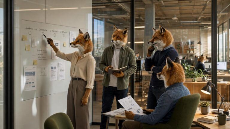 Digital marketing strategy framework: Four fox professionals gather at a whiteboard mapping a customer journey
