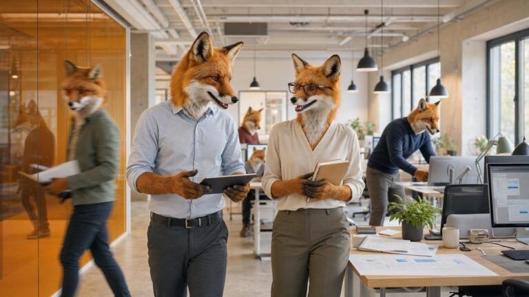 Digital roadmap: Two office workers with fox heads stand talking in an open-plan office, one holding a tablet, the other a