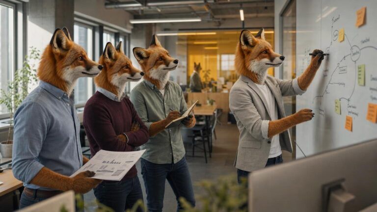 Digital roadmap example: Four fox colleagues in an office watch a fox strategist draw a diagram on a whiteboard with sticky