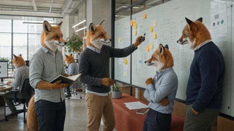 Digital strategy roadmap: Four fox colleagues stand around a whiteboard covered in diagrams and sticky notes during