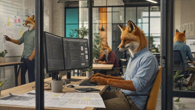 Enterprise WordPress development: A fox developer types at a dual-monitor desk showing code, with fox colleagues