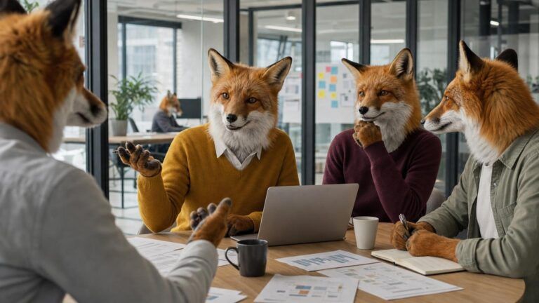 Growth marketing systems: Four fox colleagues sit around a meeting table with a laptop, charts and coffee cups
