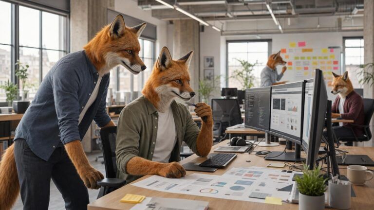 Growth strategy framework: Two fox colleagues review dashboards and printed charts at a desk in an open-plan office