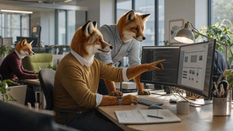 Improve website conversion rate: Two fox colleagues at a desk point at dual monitors showing code and a web page layout