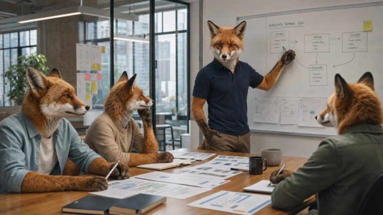 Inbound demand generation: A fox strategist points at a whiteboard flow diagram while three fox colleagues watch