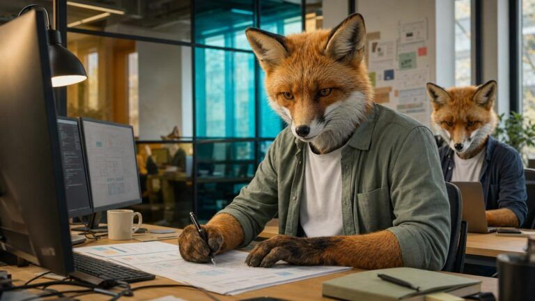 Lead automation systems: A fox professional writes on printed documents at a desk with dual monitors in an open-plan office
