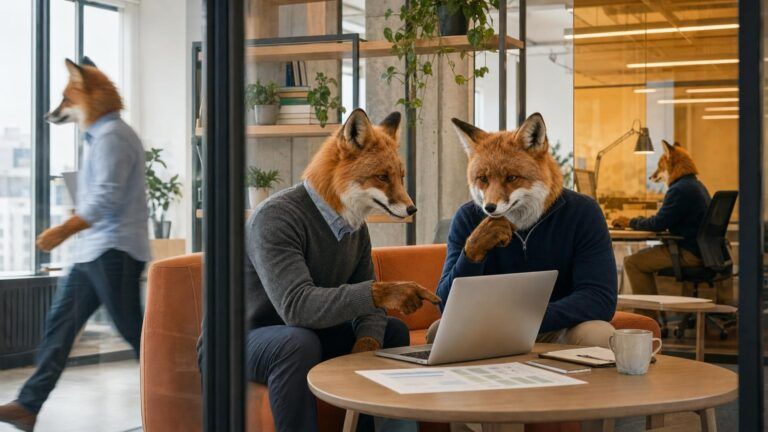 Lead generation strategies for small business: Two fox colleagues sit on an orange sofa reviewing a laptop and printed
