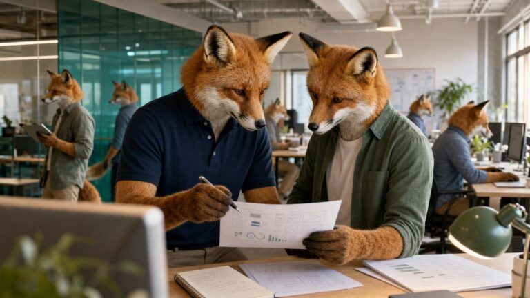 Lead generation systems: Two fox colleagues review a printed chart together at a desk in a busy open-plan office