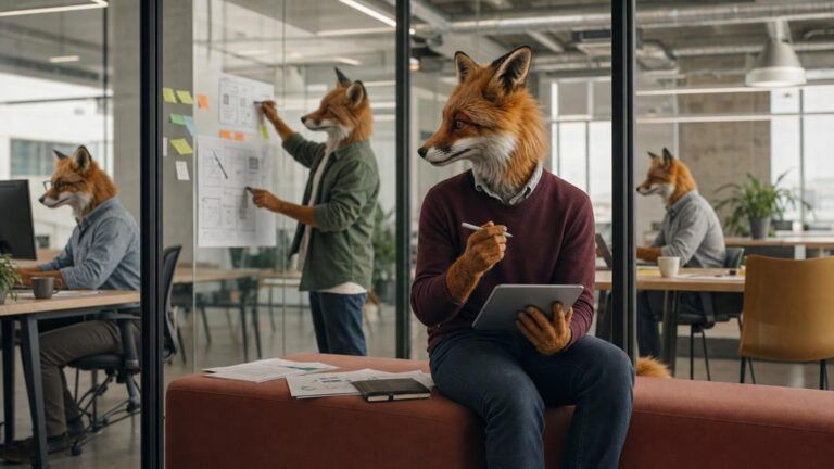 Leads not converting: A fox professional sits on a red ottoman with a tablet and stylus while fox colleagues work behind