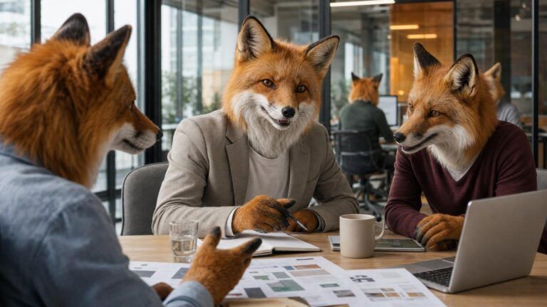 Marketing automation and AI: Three fox colleagues meet around a table with printed layouts, a laptop and notebook