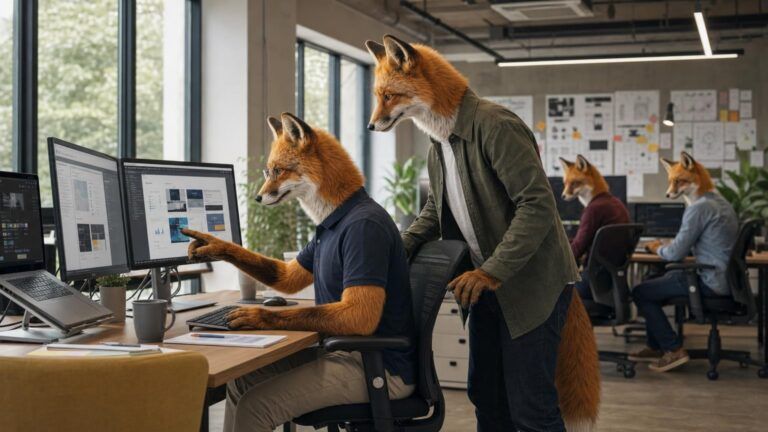 Marketing automation trends: A seated fox colleague points at a dual-monitor display while a standing fox colleague looks