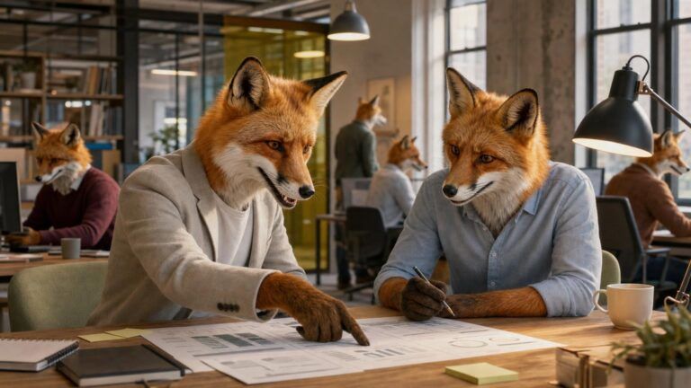 Organic growth strategy: Two fox colleagues review printed charts at a desk in an open-plan office, one pointing at the pages
