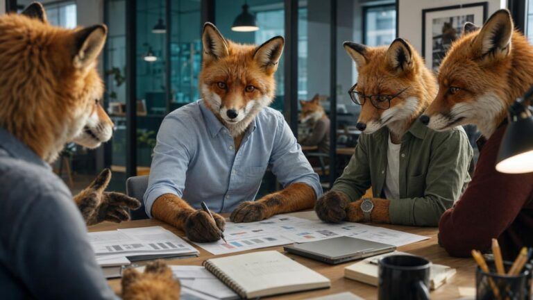 Small business digital marketing strategy: Five fox colleagues seated around a meeting table with printed charts, a laptop