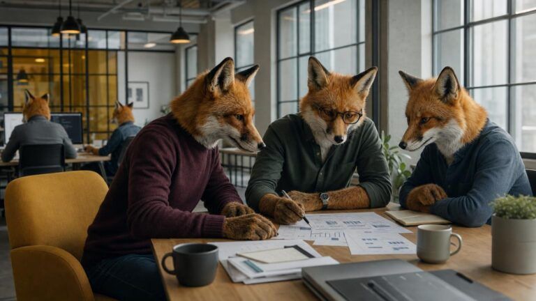 Sustainable business growth: Three fox colleagues sit at a meeting table reviewing printed charts in an open-plan office