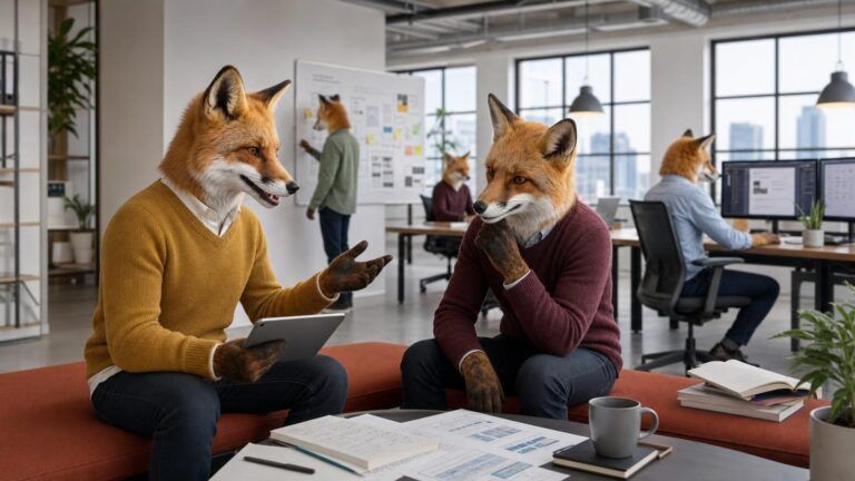 WordPress architecture: Two fox colleagues talk on an orange bench seat in an open-plan office, one holding a tablet