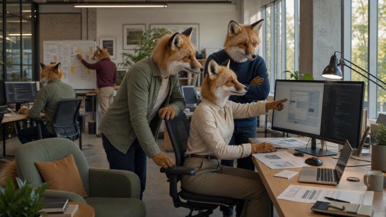 WordPress site structure: Three fox colleagues gather at a desk with dual monitors, one pointing at a code and website