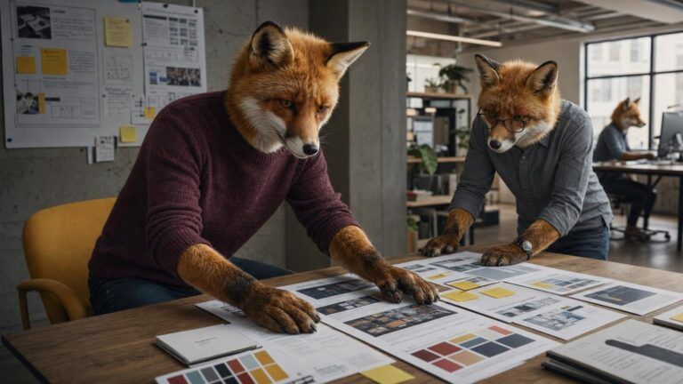 WordPress website design near me: Two fox colleagues lean over a table spread with printed layouts and colour swatches